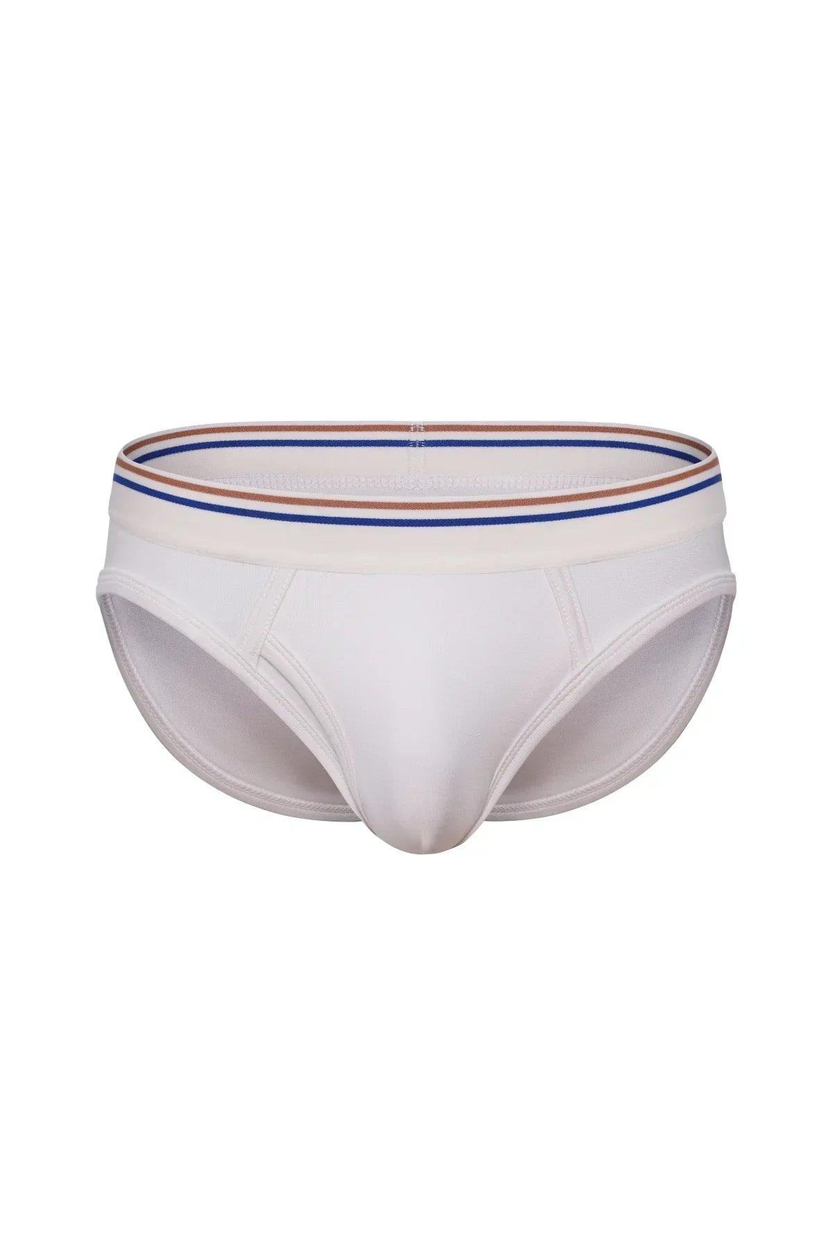 White men's bikini brief underwear with blue and brown striped elastic waistband
