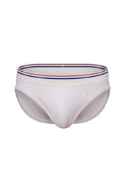 White men's bikini brief underwear with blue and brown striped elastic waistband