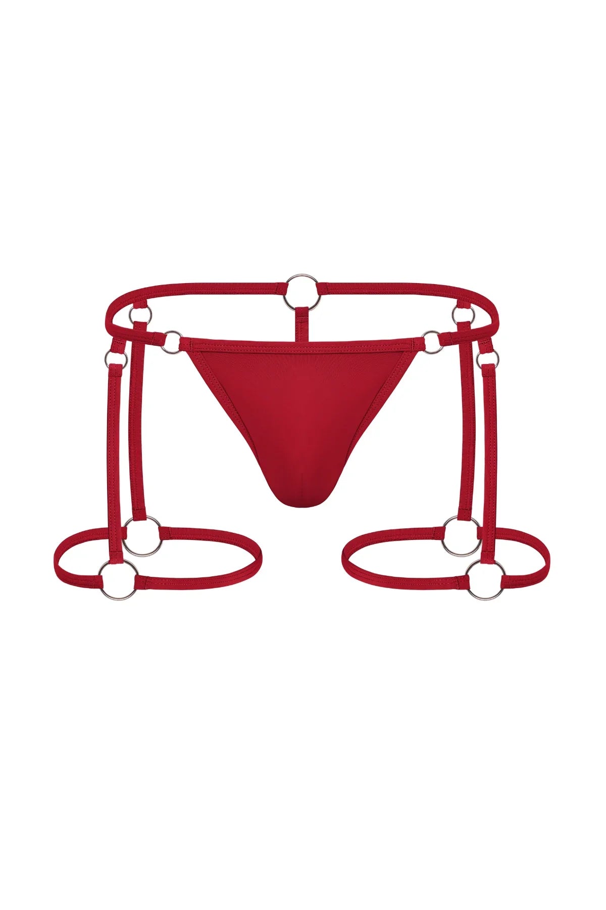 Red men's underwear harness with metal rings and strappy design, erotic lingerie style.