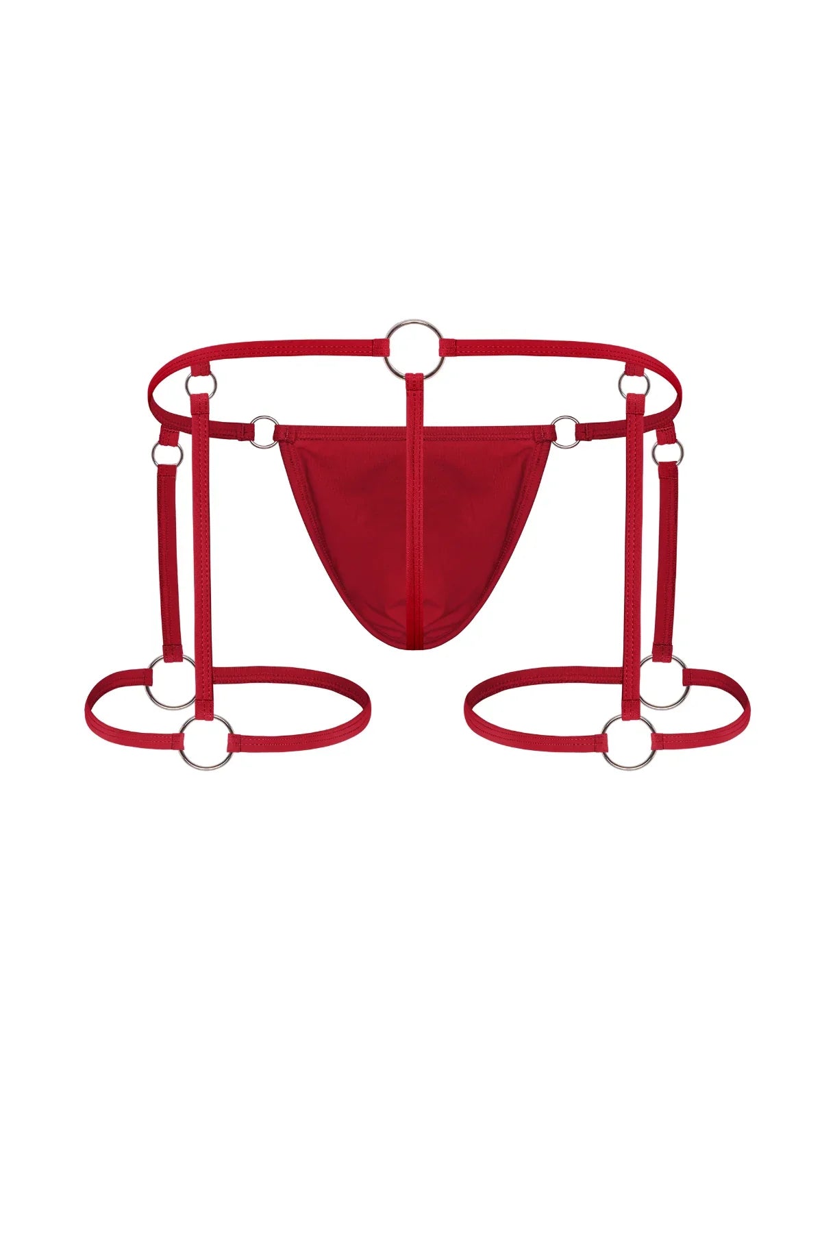 Red men's strappy jockstrap underwear with silver ring accents on white background