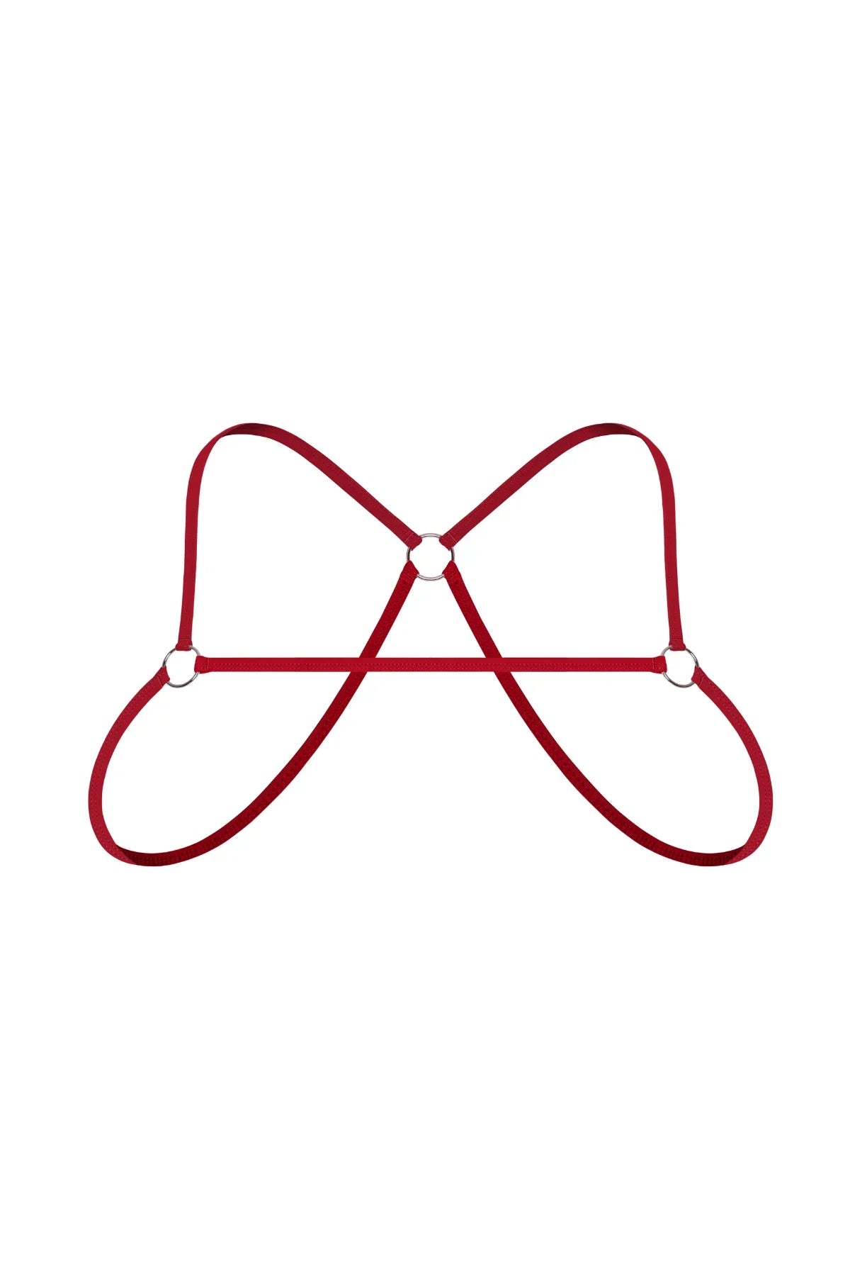 Red elastic men's chest harness with metallic rings, minimalist design, on white background