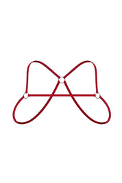 Red elastic men's chest harness with metallic rings, minimalist design, on white background