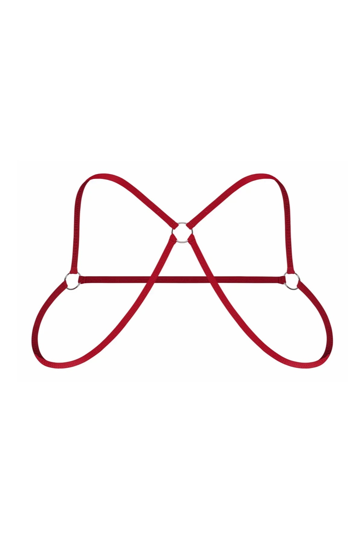 Red men's elastic harness with three metal rings on a white background
