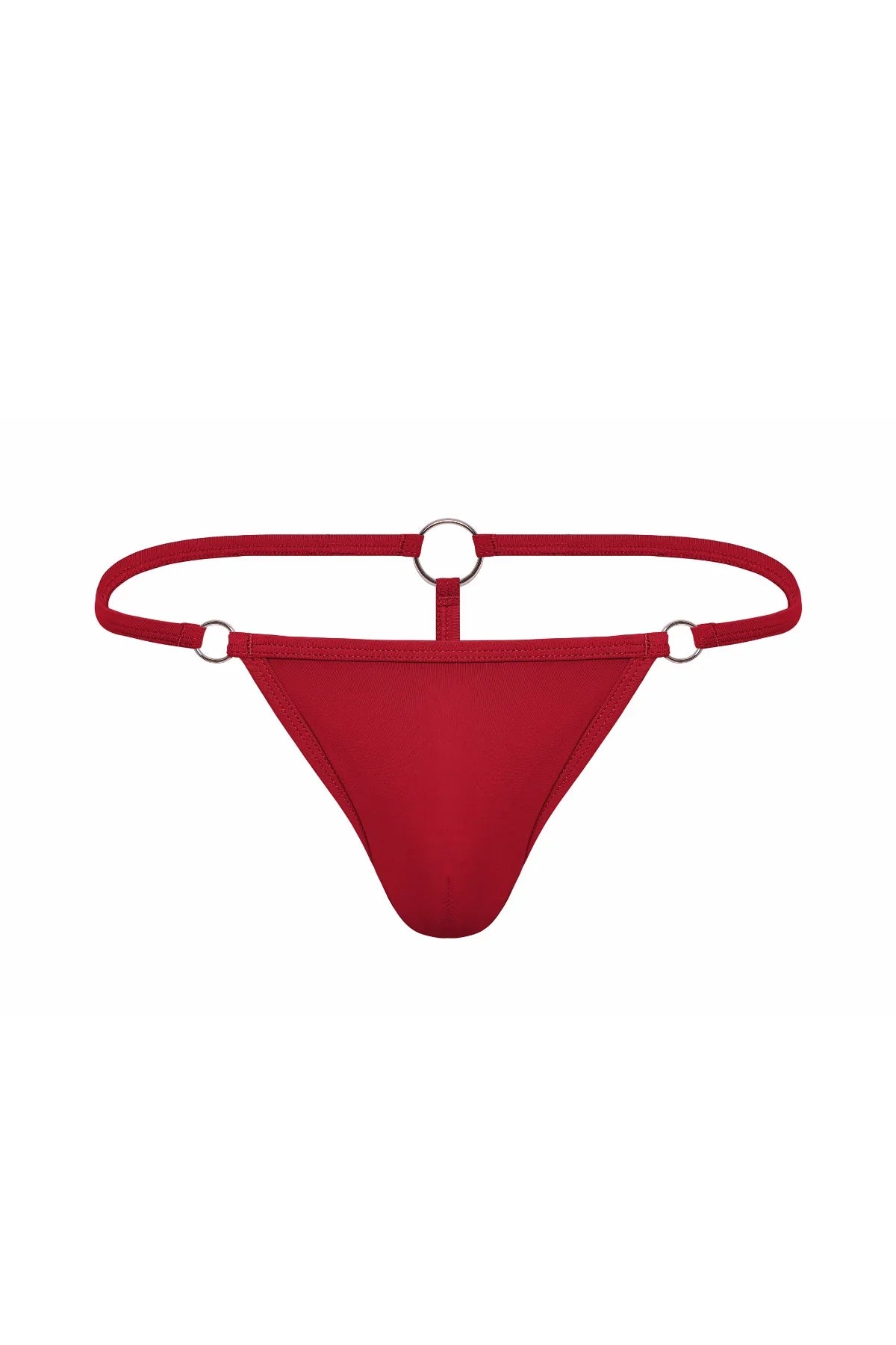 Red men's thong underwear with circular metal ring accents, minimal design, front view