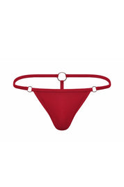 Red men's thong underwear with circular metal ring accents, minimal design, front view