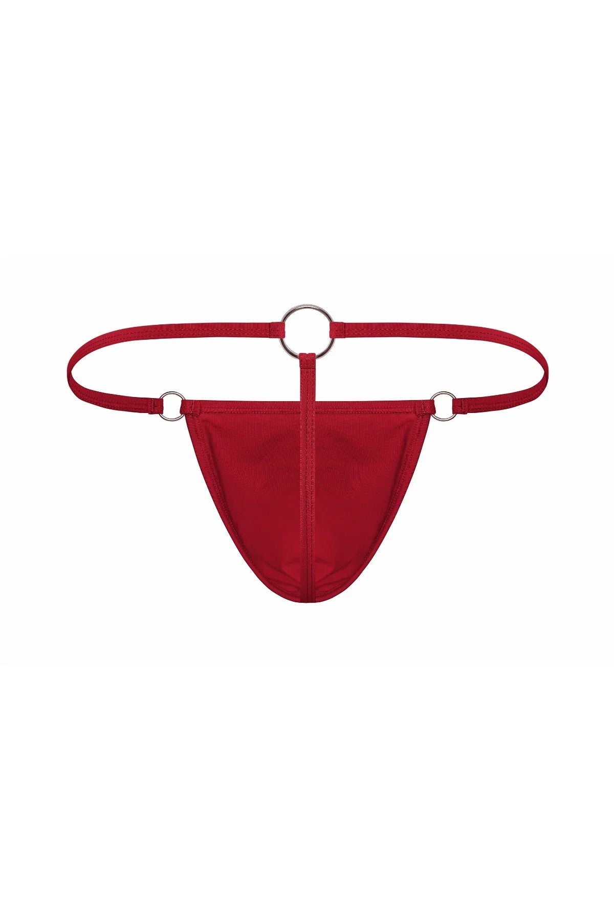 Red men's jockstrap with ring details and strappy waistband, provocative underwear style