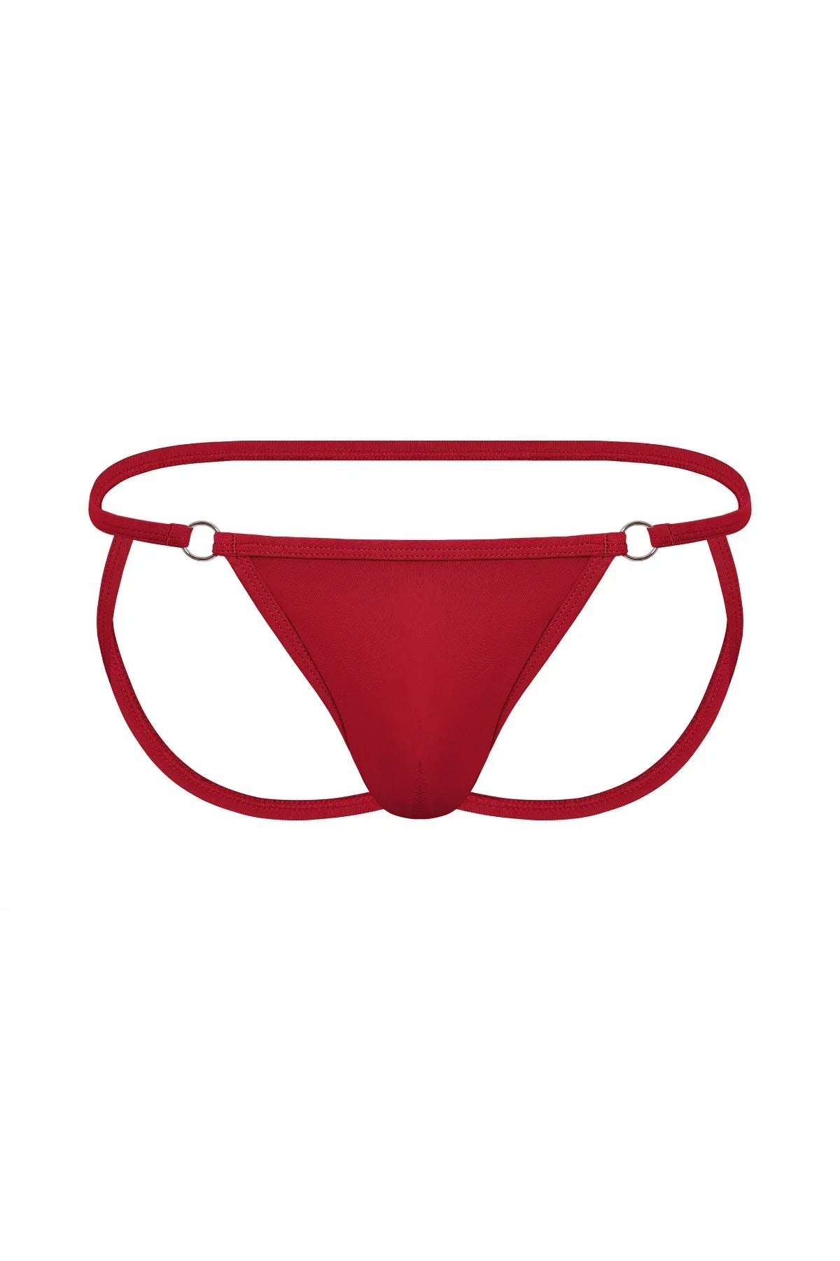 Red men’s jockstrap underwear with thin straps and metal ring accents, front view.