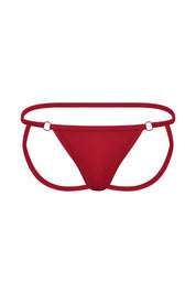 Red men’s jockstrap underwear with thin straps and metal ring accents, front view.