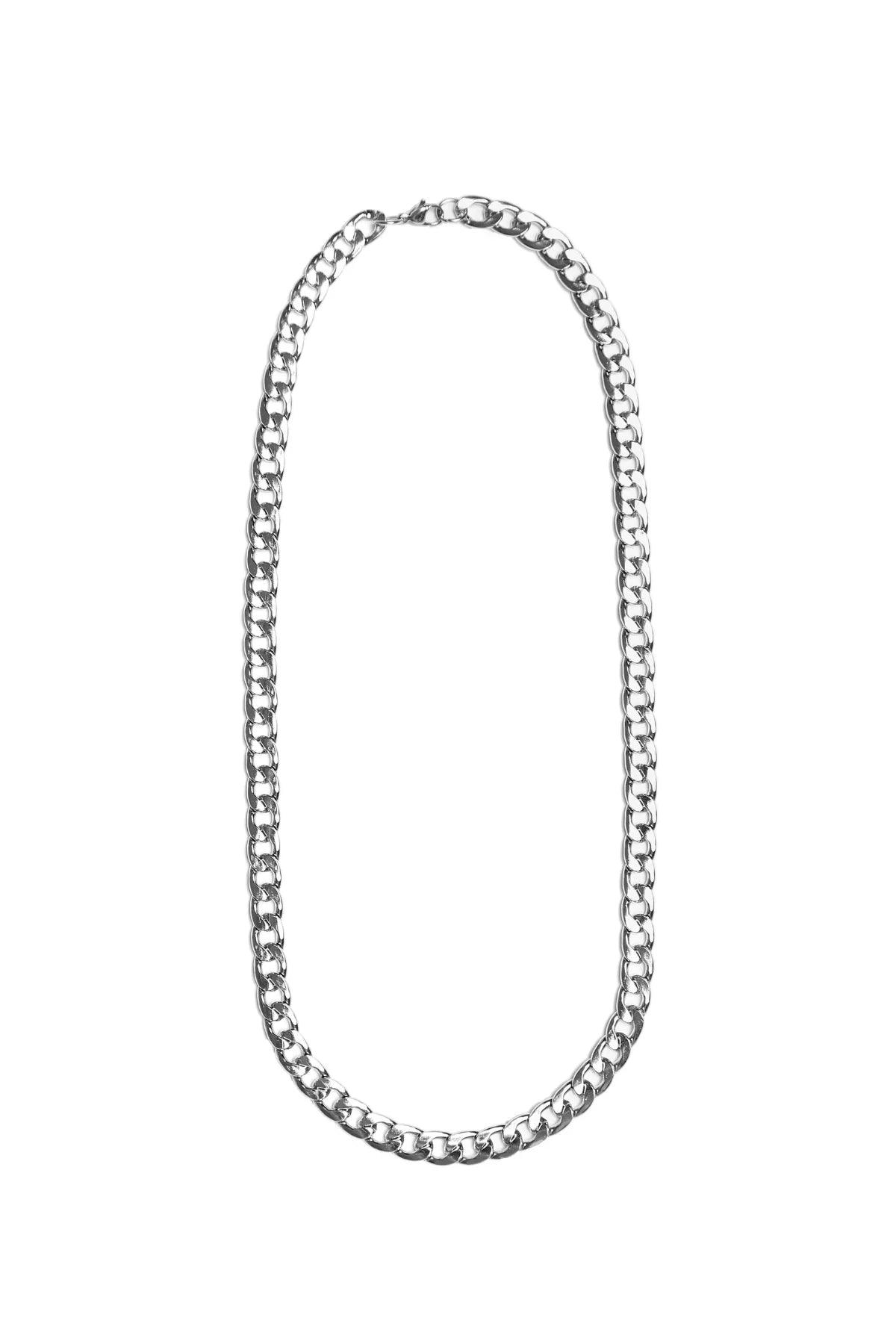 Silver Cuban link chain necklace on white background, men's jewelry accessory