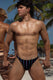 Shirtless man in striped black swim briefs posing on a tropical beach with palm trees