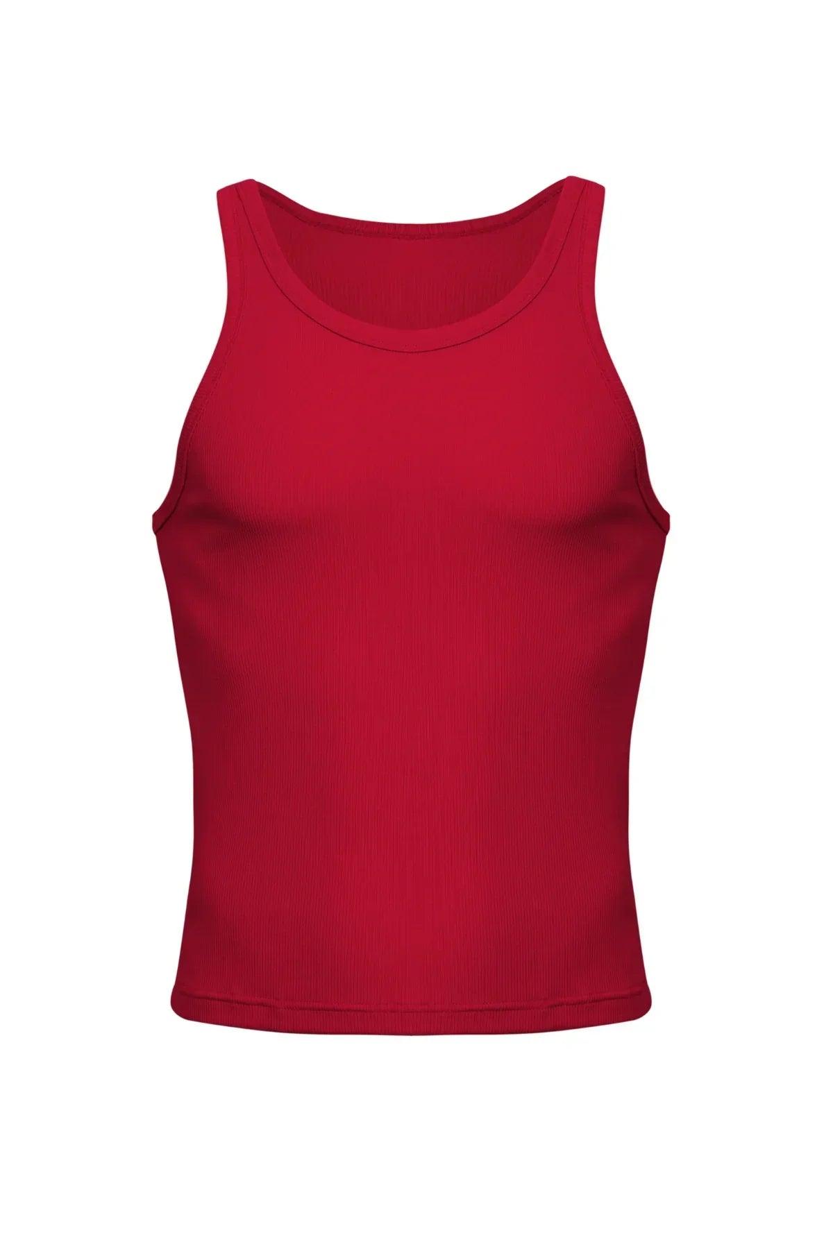 Red ribbed men's tank top, athletic fit, sleeveless, front view on white background