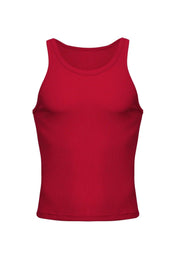 Red ribbed men's tank top, athletic fit, sleeveless, front view on white background