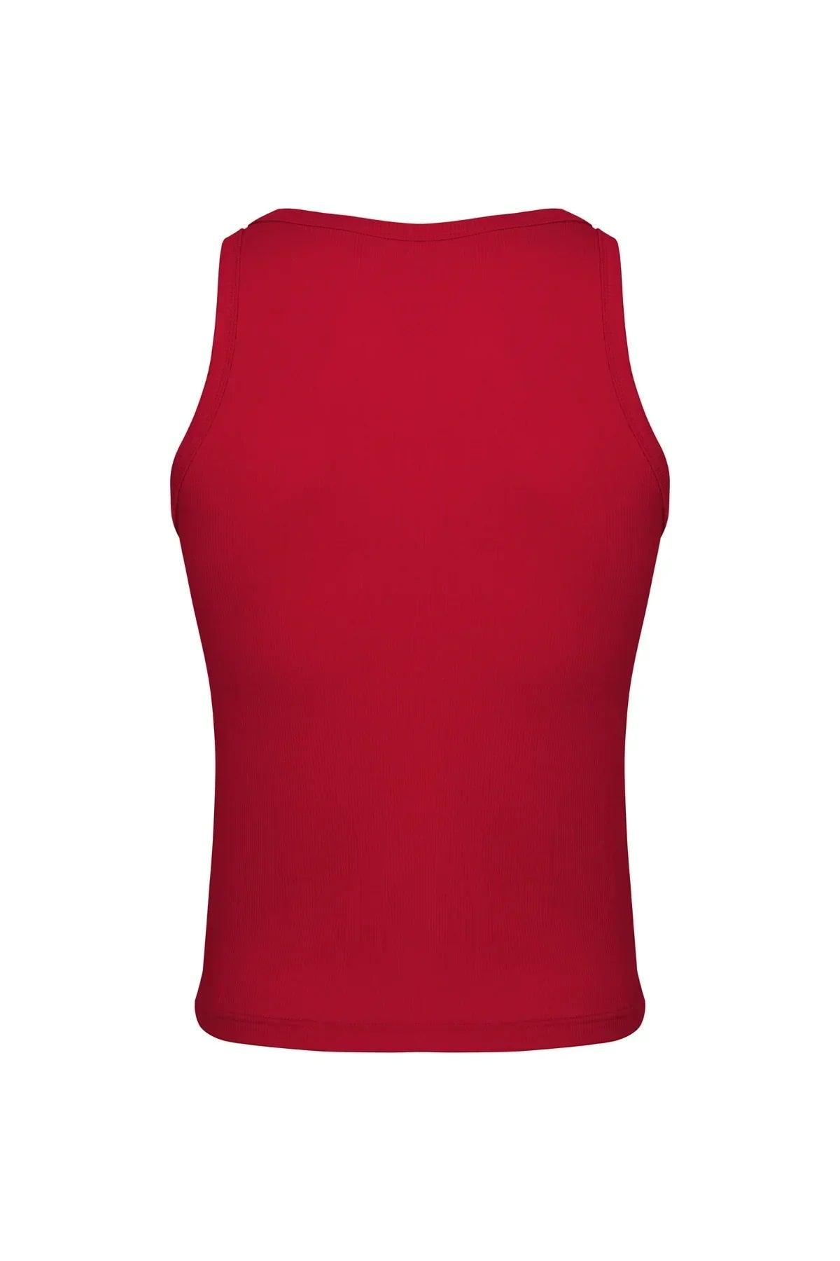 Back view of a plain red men's athletic tank top, sleeveless sportswear apparel