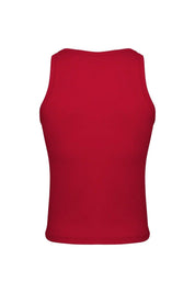 Back view of a plain red men's athletic tank top, sleeveless sportswear apparel