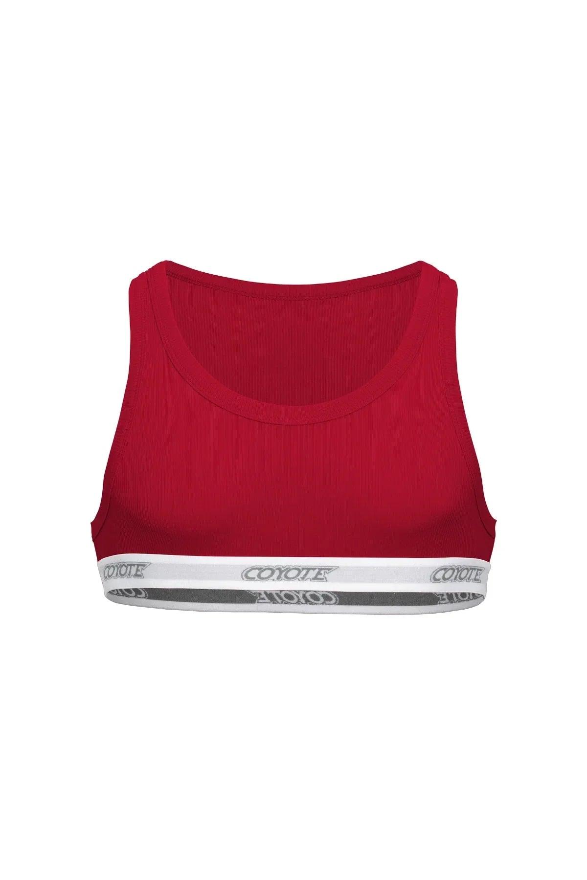 Red men's crop top with white logo waistband, athletic and stylish design