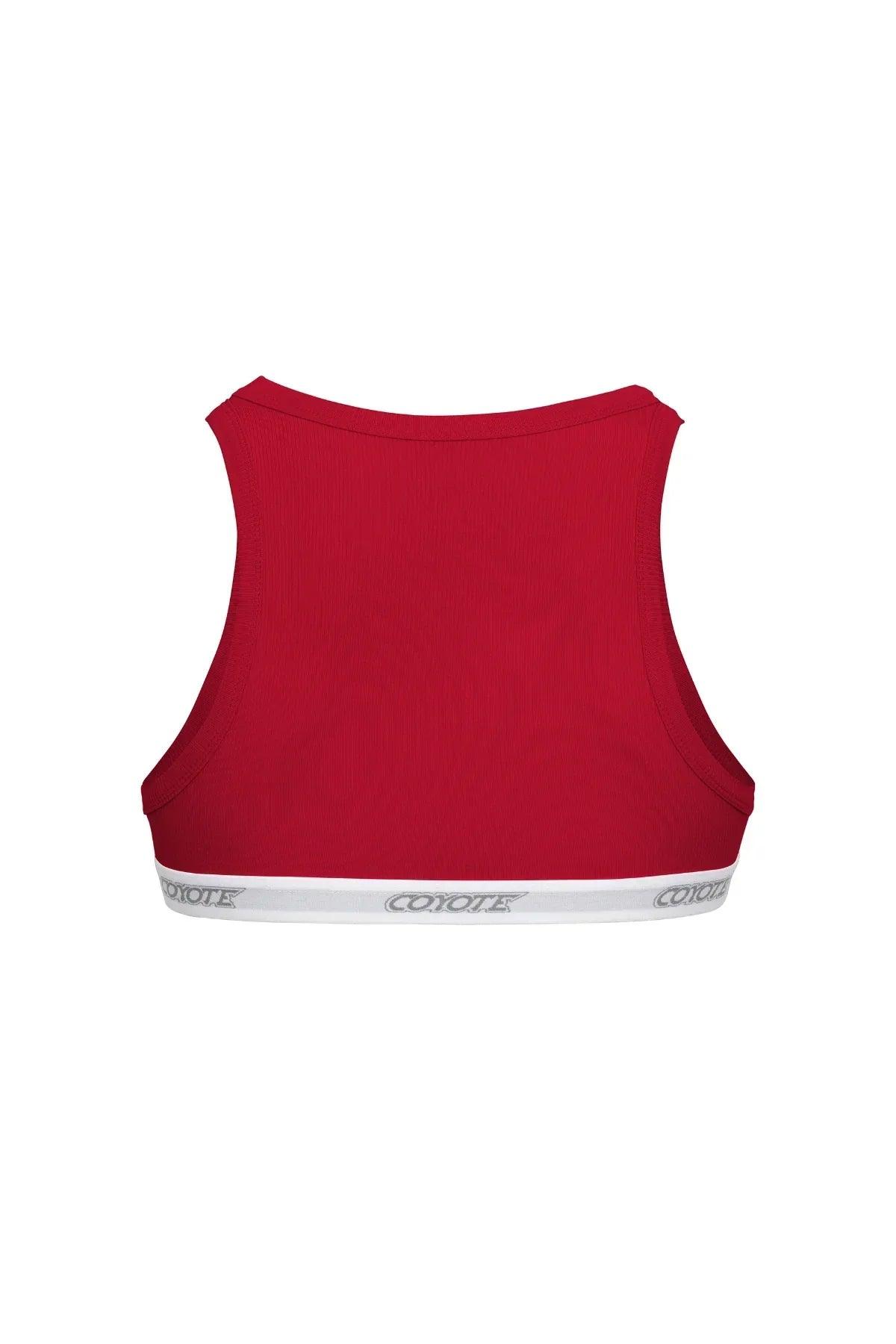 Back view of red racerback crop top with white elastic band and logo accent