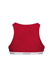 Back view of red racerback crop top with white elastic band and logo accent
