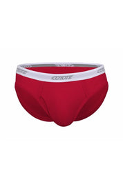Red men's brief underwear with white elastic waistband and logo, stylish and sporty design