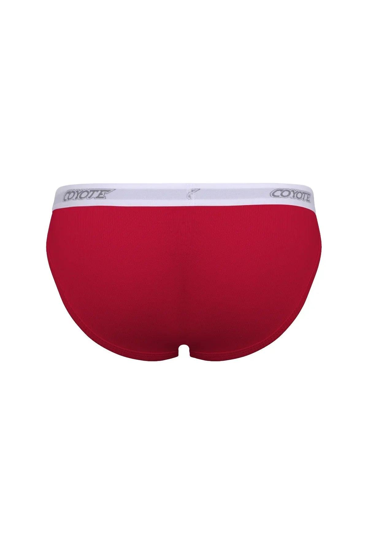 Back view of red men's underwear briefs with white elastic waistband and logo detail.