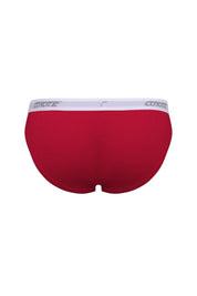Back view of red men's underwear briefs with white elastic waistband and logo detail.