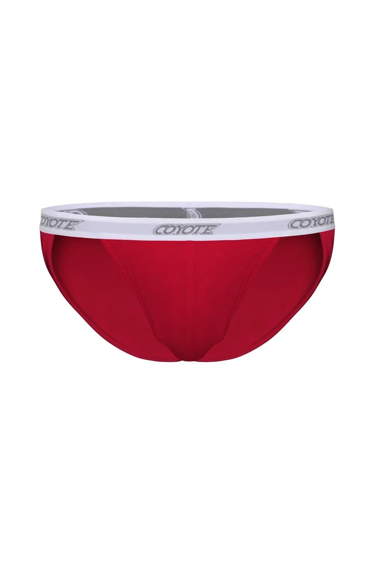 Red men's bikini brief underwear with white branded waistband, athletic style