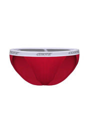 Red men's bikini brief underwear with white branded waistband, athletic style