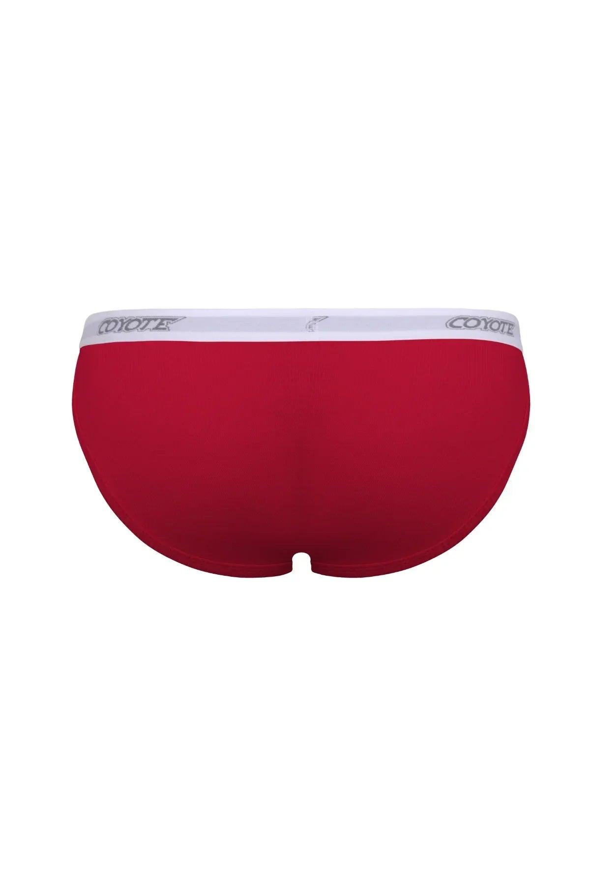 Back view of red men's bikini briefs with white waistband on white background