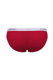 Back view of red men's bikini briefs with white waistband on white background