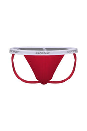 Red men's jockstrap underwear with white elastic waistband and sporty design