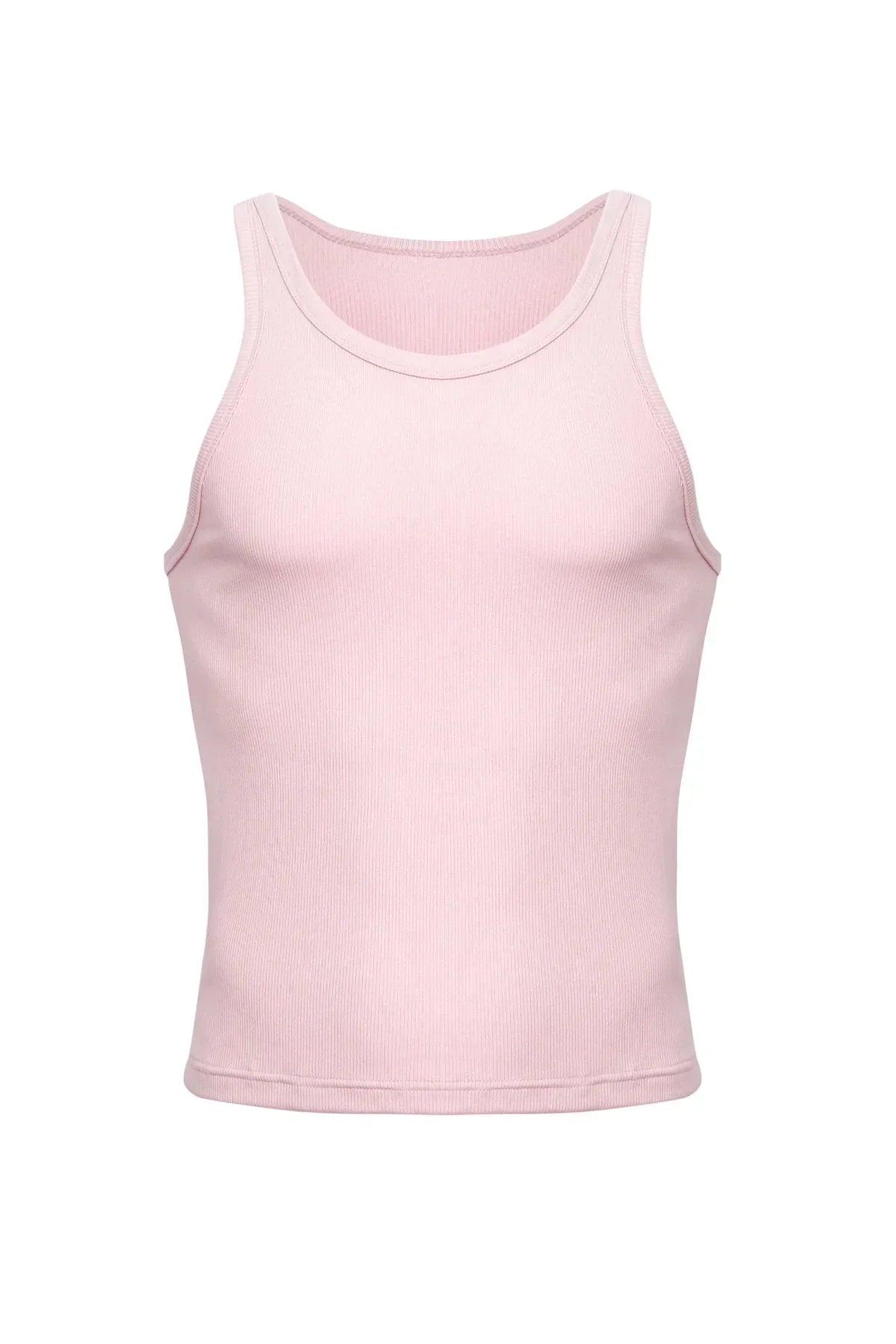 Light pink ribbed tank top for men, sleeveless, front view, athletic fit