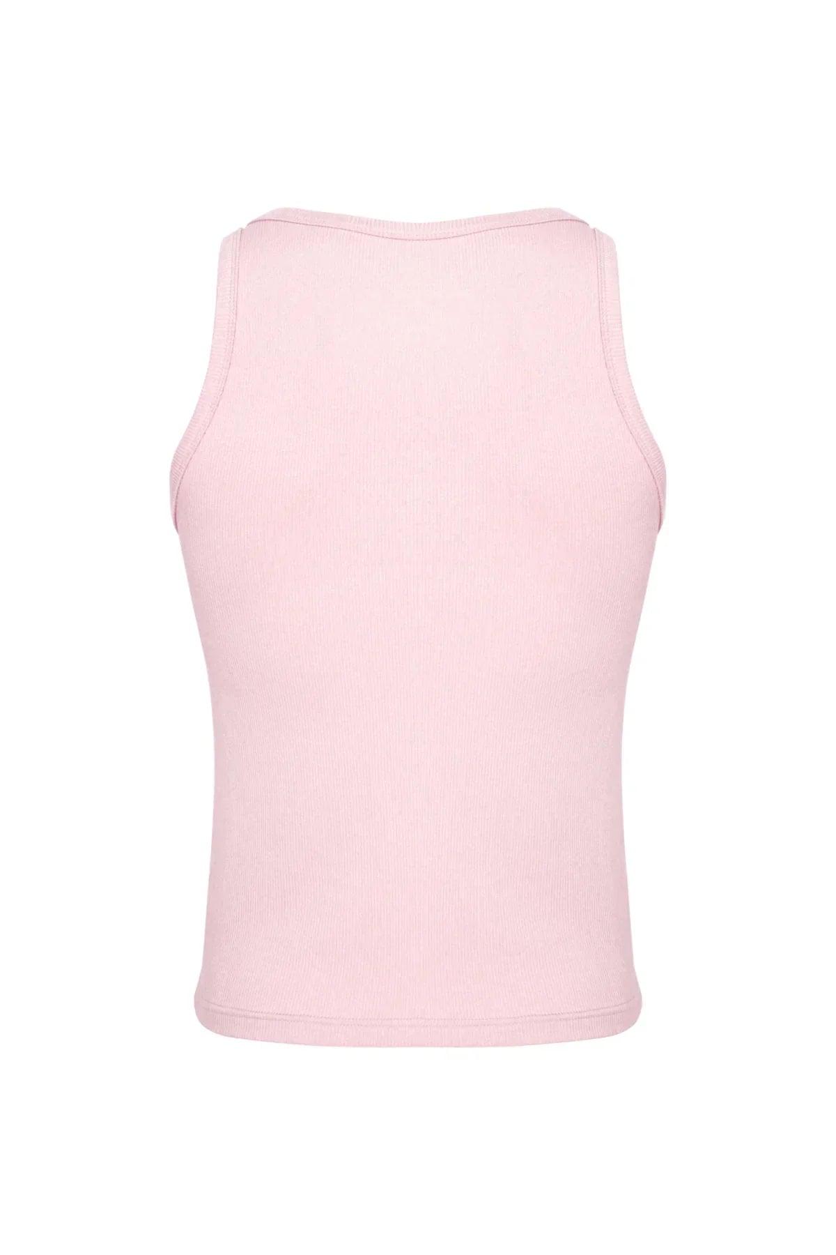 Back view of a light pink men's ribbed tank top, sleeveless and fitted style