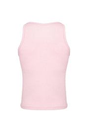 Back view of a light pink men's ribbed tank top, sleeveless and fitted style