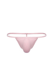 Pink ribbed men's thong underwear with minimal waistband, front view on white background