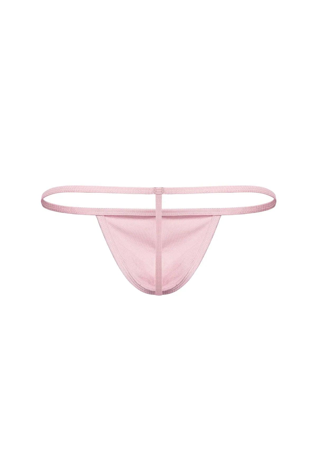Light pink men's minimal thong underwear with thin waistband, front view, on white background