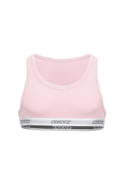 Light pink men's cropped tank top with ribbed texture and white elastic logo band