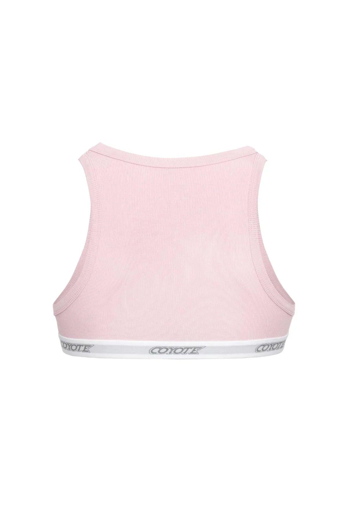 Back view of a light pink men's sports crop top with white elastic logo band