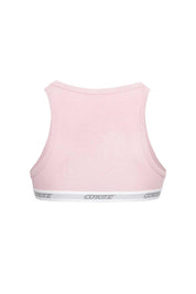 Back view of a light pink men's sports crop top with white elastic logo band