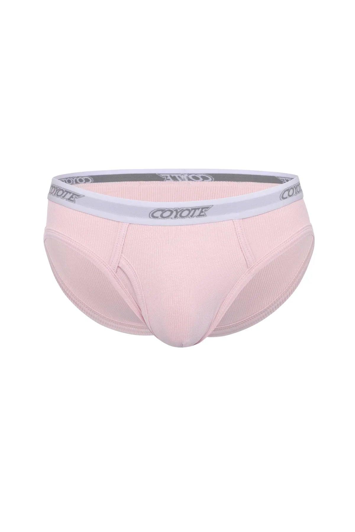 Light pink men's brief underwear with contoured pouch and white logo waistband on white background