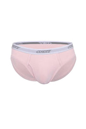 Light pink men's brief underwear with contoured pouch and white logo waistband on white background