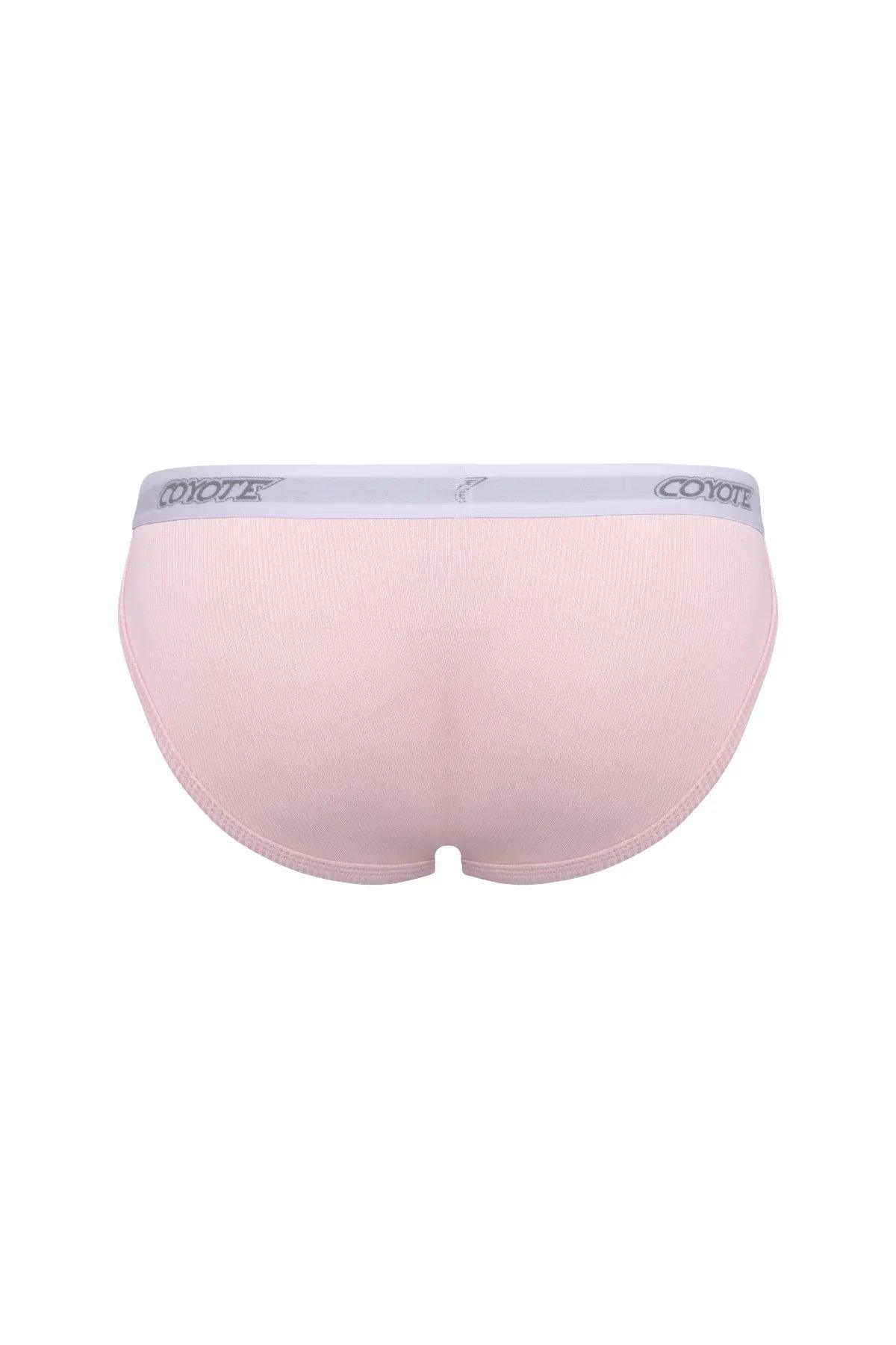 Back view of light pink men's briefs with gray waistband and logo detail