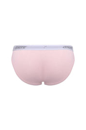 Back view of light pink men's briefs with gray waistband and logo detail