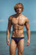 Shirtless man in striped swim briefs poses confidently on the beach with blue sky background
