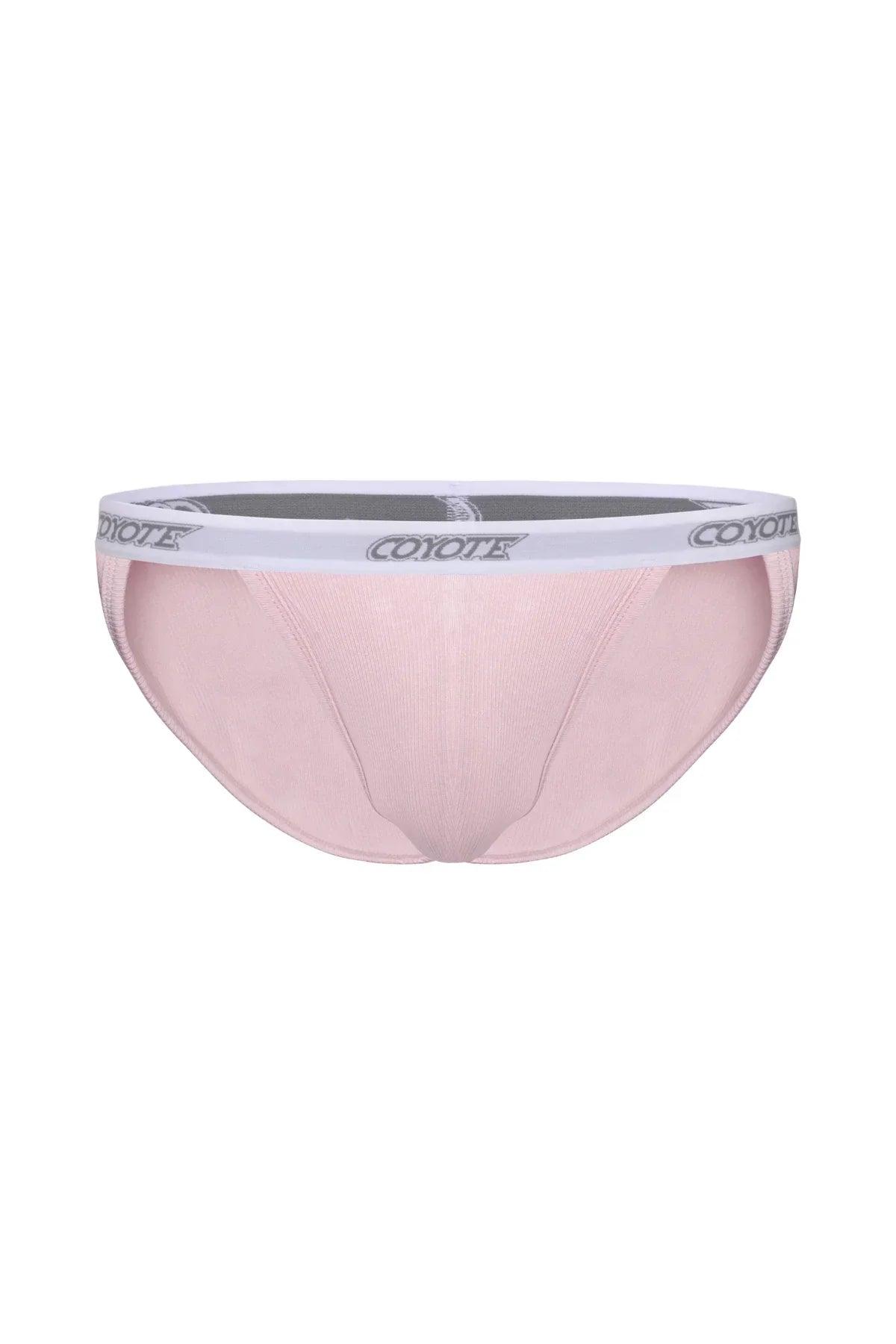Light pink men's bikini underwear with white elastic waistband and grey logo, front view