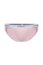 Light pink men's bikini underwear with white elastic waistband and grey logo, front view