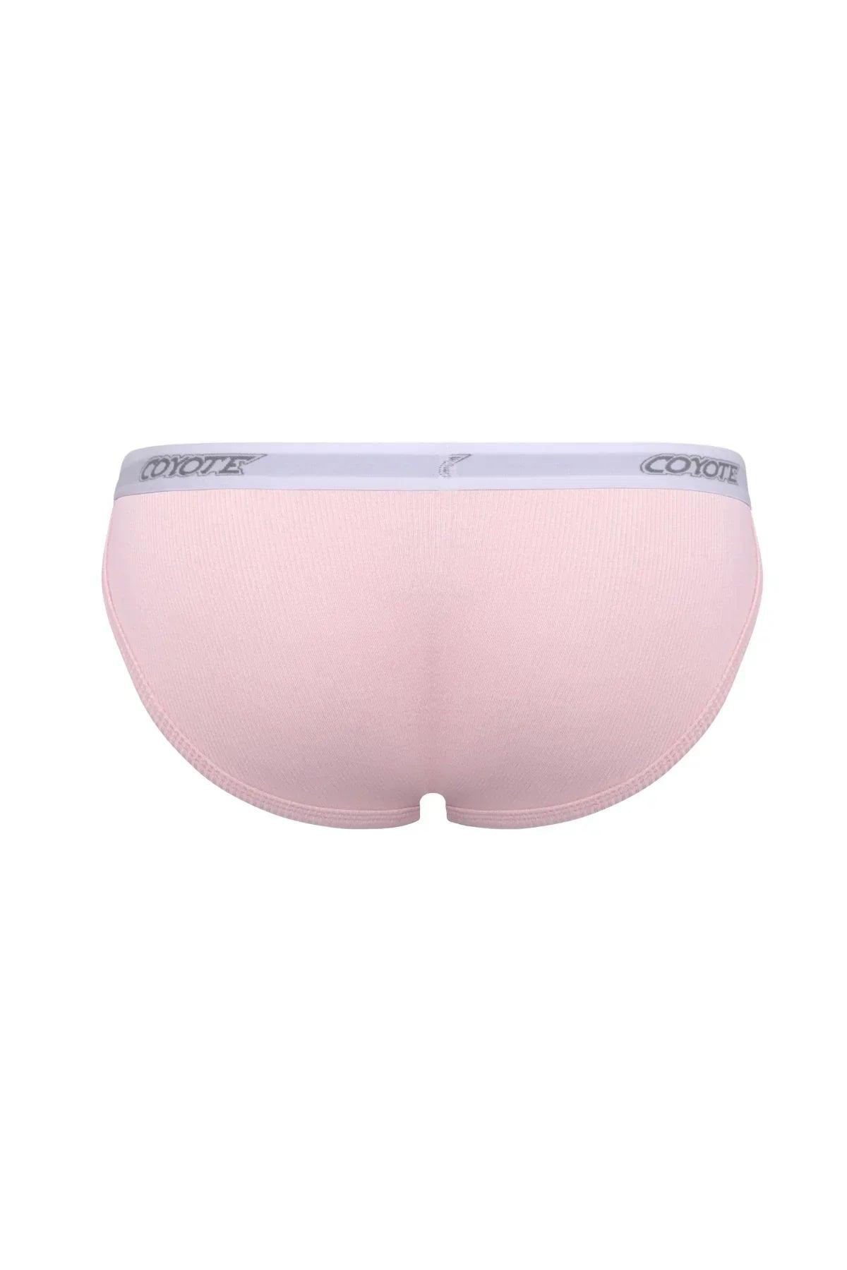 Back view of light pink men's underwear with white waistband and gray logo