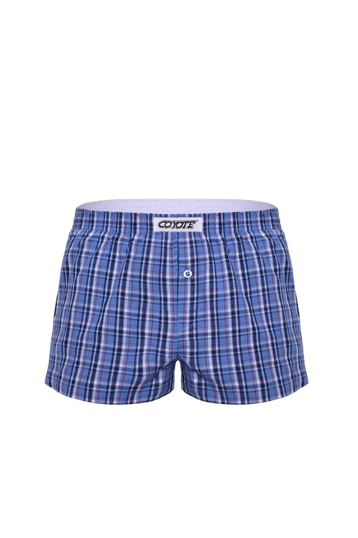 Blue plaid men's boxer shorts with button fly and elastic waistband, comfortable underwear