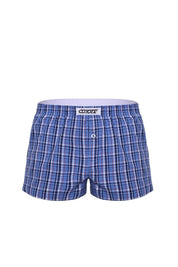Blue plaid men's boxer shorts with button fly and elastic waistband, comfortable underwear