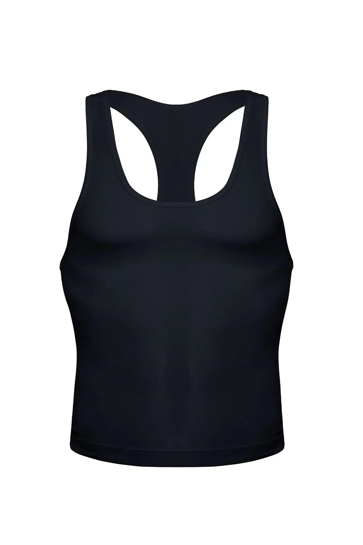 Black men's racerback tank top, sleek and form-fitting for athletic or casual wear.