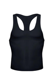 Black men's racerback tank top, sleek and form-fitting for athletic or casual wear.
