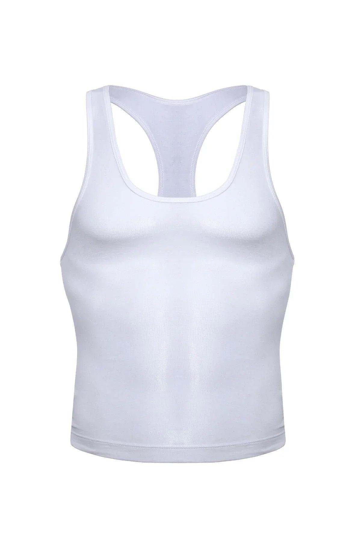 White men's racerback tank top, sleek fit, ideal for gym or casual wear